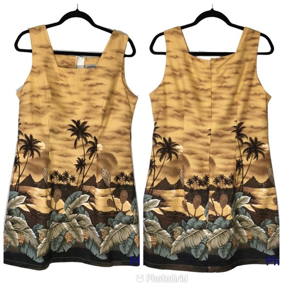 Pacific Legend Dresses & Skirts - Vintage 90s Brown Hawaiian Dress, Hawaiian Border Print Dress, Shift Dress, XL
